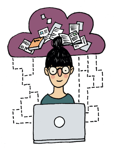 Person working on laptop with purple cloud containing learning resources above her head